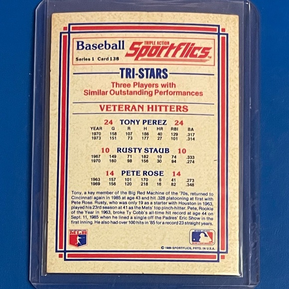 Veteran Hitters [T.Perez/R.Staub/P. Rose] #138 1986 Sportflics Baseball Card - Picture 2 of 2